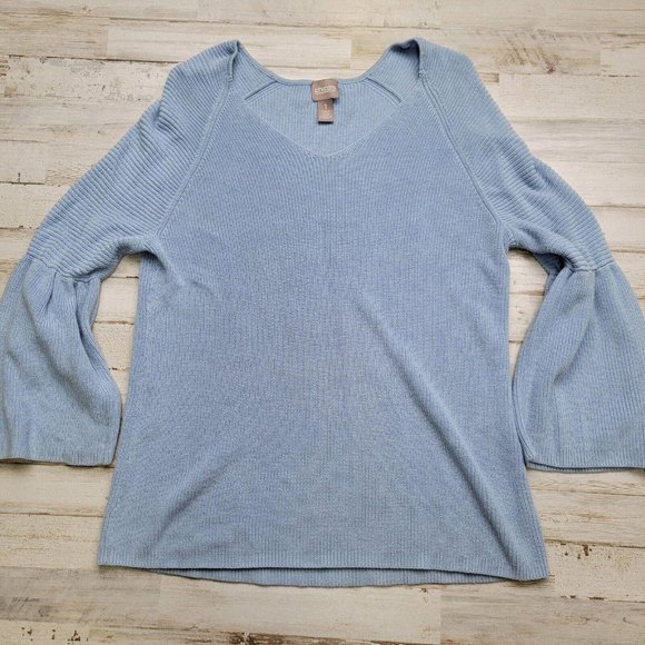 Chico's Size 1 Medium Blue Long Flare Sleeve Knit Pullover Sweater - Picture 1 of 6